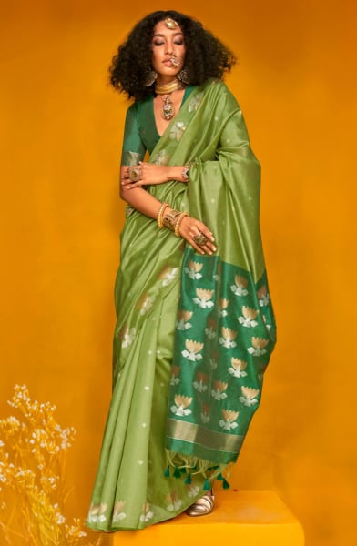 Pistachio Green Handloom Weaving Tussar Silk Saree
