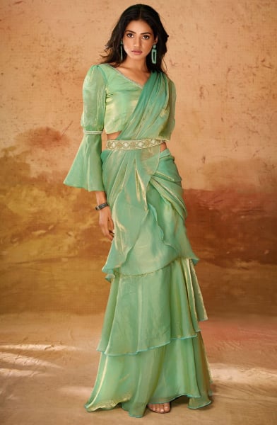 Pistachio Green Handwork Organza Ready to Wear Saree