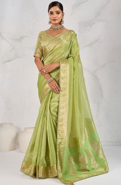 Pistachio Green Handwork Tissue Linen Saree