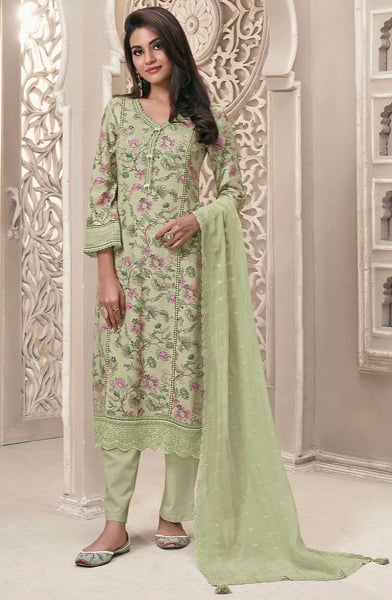 Pistachio Green Linen Fabric with Floral Printed and Schiffli work Kurta Set