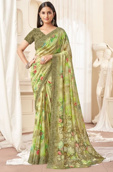 Pistachio Green Printed Georgette Casual Wear Saree