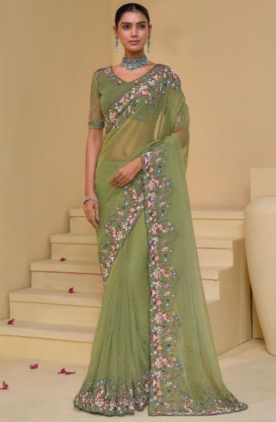 Pistachio Green Pure Banarasi Tuscany Designer Saree