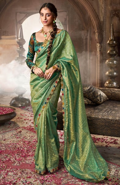 Pistachio Green Pure Tissue Designer Saree