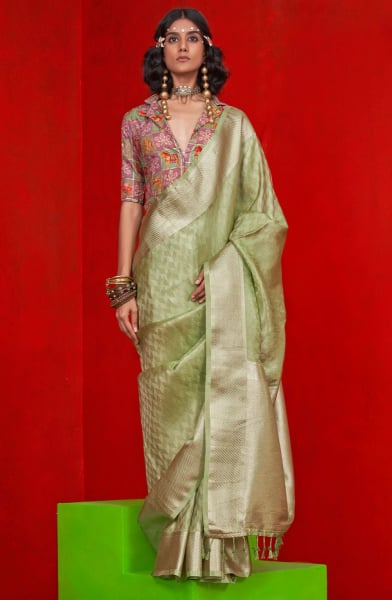 Pistachio Green Pure Viscose Zari Tissue Silk Saree