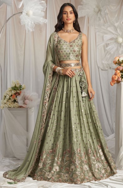 Pistachio Green Sequins Embroidered Faux Georgette Lehenga Choli