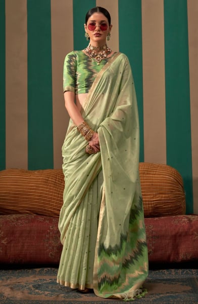 Pistachio Green Spun Handloom Weaving Silk Saree