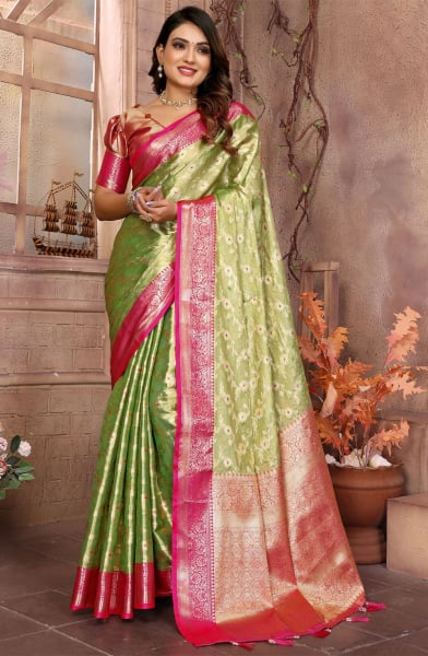 Pistachio Green Woven Handloom Tissue Silk Saree