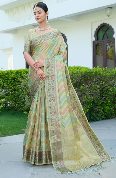 Pistachio Green Woven Organza Saree