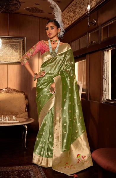 Pistachio Green Woven Tissue Paithani Silk Saree