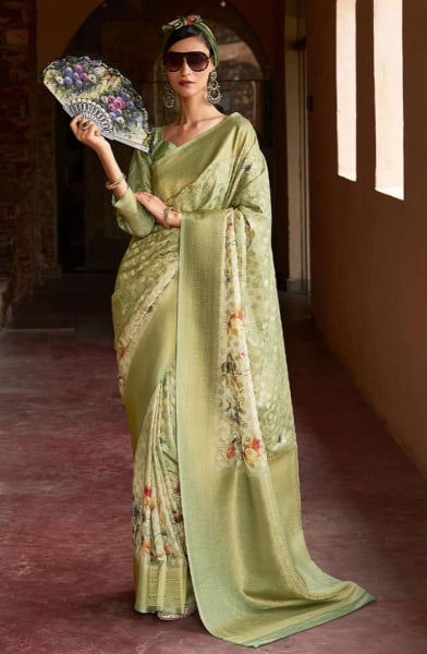 Pistachio Green Woven Zari Butti Tussar Silk Saree
