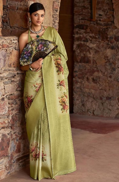 Pistachio Green Woven Zari Butti Tussar Silk Saree