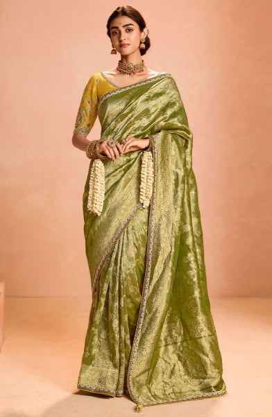 Pistachio Green Zari Tissue Silk Designer Saree