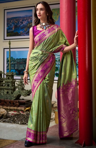 Pistachio Green Zari Weaving Banarasi Silk Saree