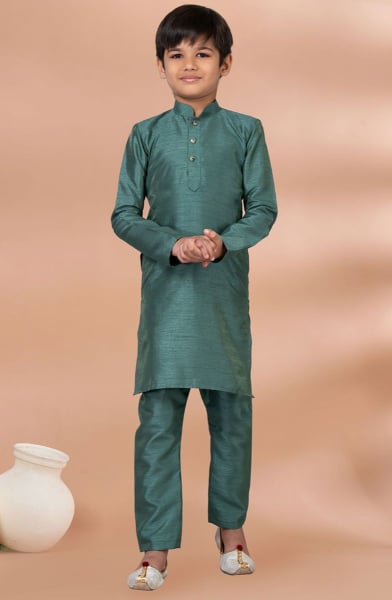 Sage Green Banarasi Dupion Silk Kids Kurta Set
