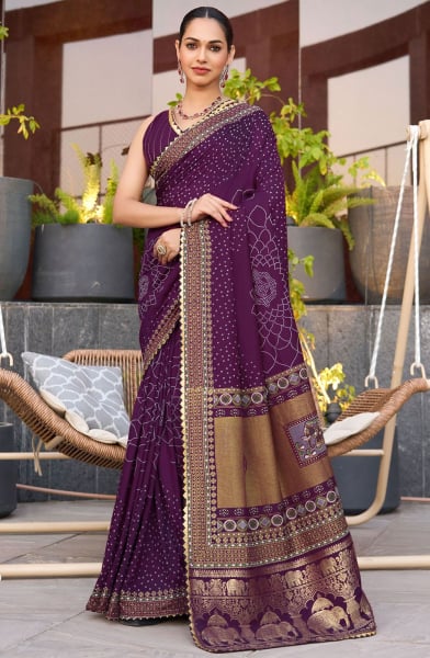 Plum Printed Cotton Saree for Festival