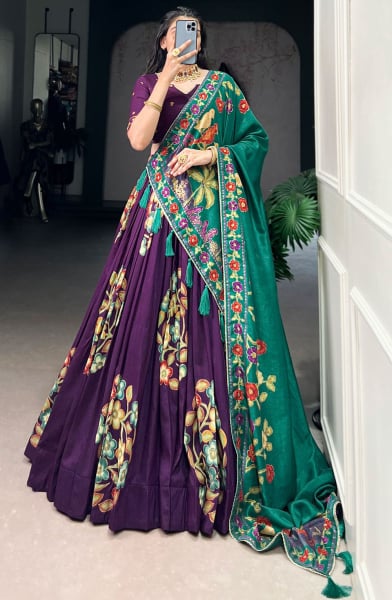 Plum Printed Tussar Silk Lehenga Choli