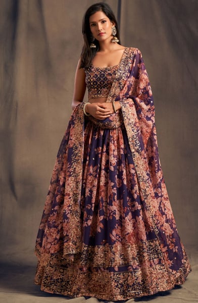 Plum Sequined Organza Lehenga Choli for Wedding