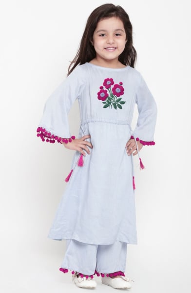 Powder Blue Cotton Rayon Readymade Suit for Girls