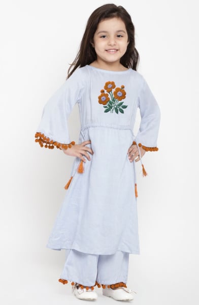 Powder Blue Cotton Rayon Readymade Suit for Girls