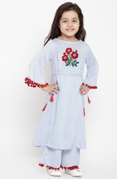 Powder Blue Cotton Rayon Readymade Suit for Girls