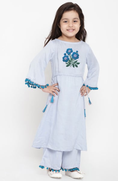 Powder Blue Cotton Rayon Readymade Suit for Girls