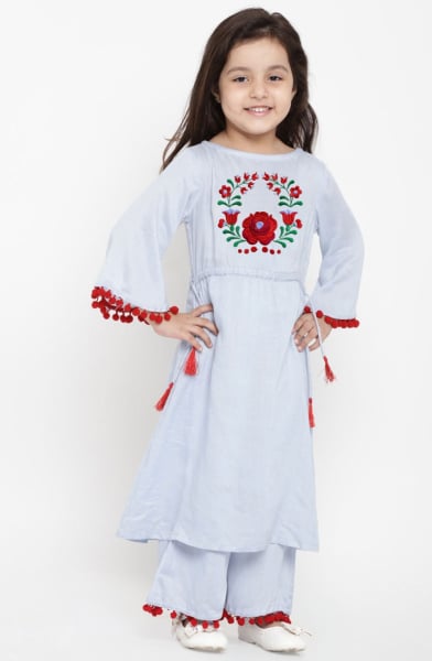 Powder Blue Cotton Rayon Readymade Suit for Girls