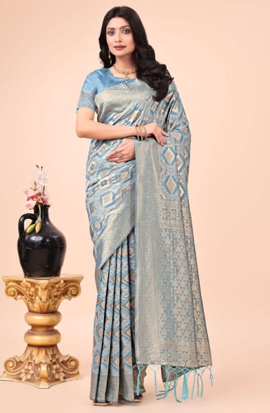Powder Blue Cotton Woven Saree