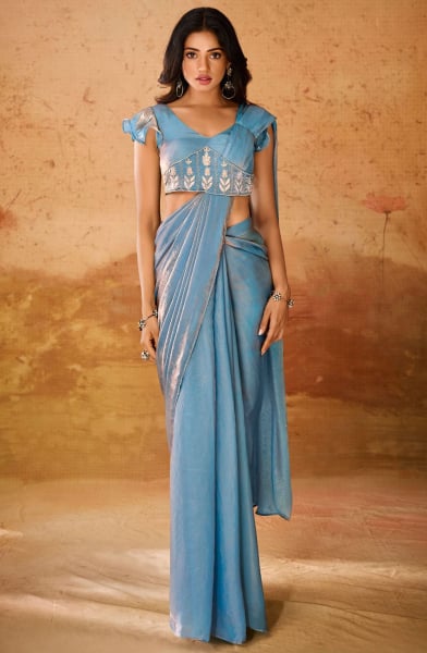Powder Blue Handwork Organza Ready to Wear Saree