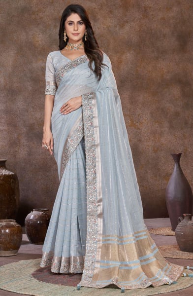 Powder Blue Sequins Embellished Dyed Silk Saree