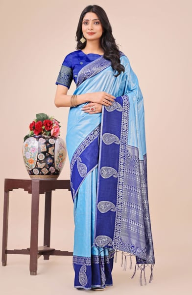 Powder Blue Silk Woven Saree