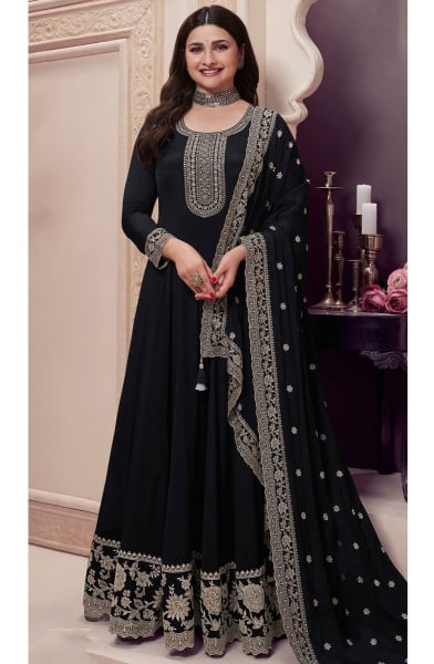 Prachi Desai Black Embroidered Chinnon Anarkali Suit