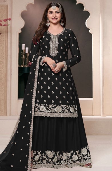 Prachi Desai Black Embroidered Chinnon Palazzo Kameez
