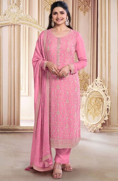 Prachi Desai Carnation Pink Embroidered Faux Georgette Pant Kameez