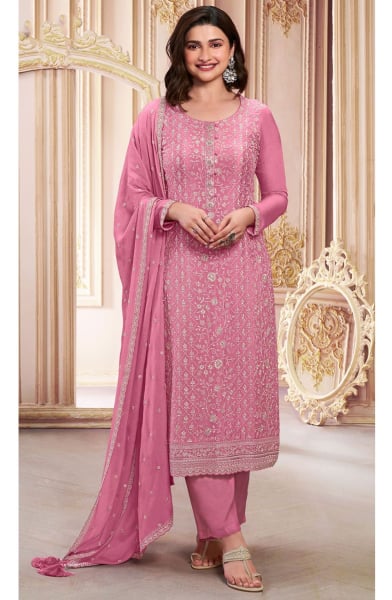Prachi Desai Cherry Pink Embroidered Chinnon Pant Kameez