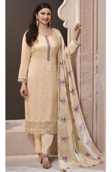 Prachi Desai Cream Embroidered Moonga Silk Pant Kameez