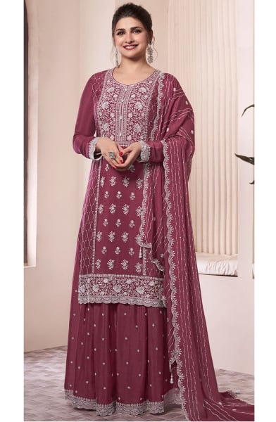 Prachi Desai Dusty Maroon Thread Embroidered Chinnon Palazzo Kameez