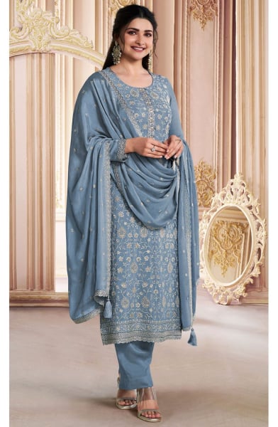 Prachi Desai Grey Embroidered Chinnon Pant Kameez
