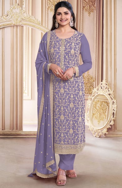 Prachi Desai Lavender Embroidered Faux Georgette Pant Kameez
