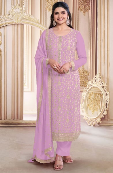 Prachi Desai Lilac Pink Embroidered Faux Georgette Pant Kameez