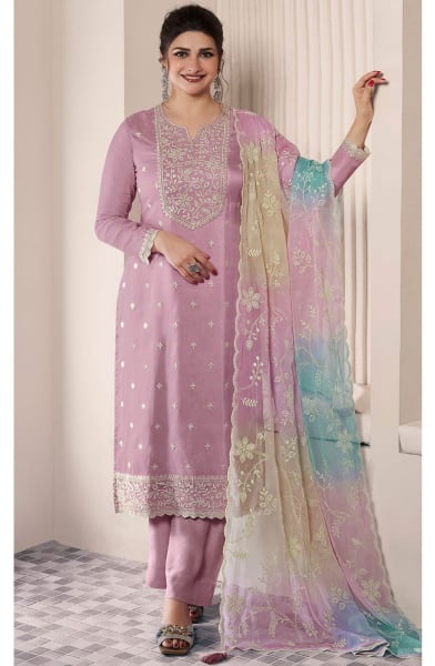 Prachi Desai Lilac Pink Embroidered Moonga Silk Pant Kameez