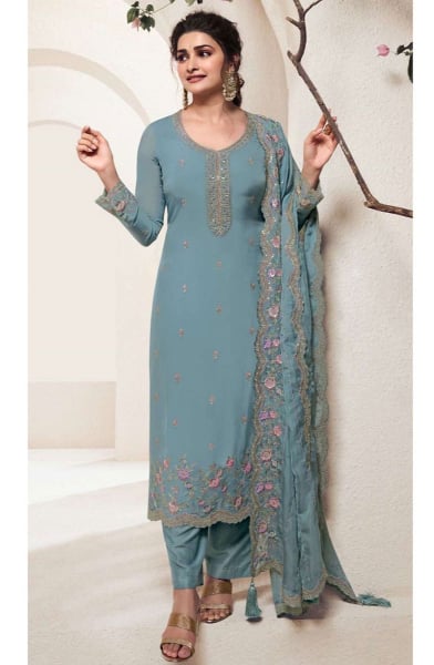 Prachi Desai Livid Blue Embroidered Organza Pant Kameez