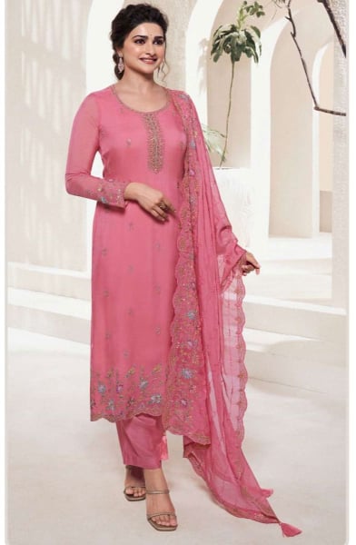 Prachi Desai Melon Pink Embroidered Organza Pant Kameez