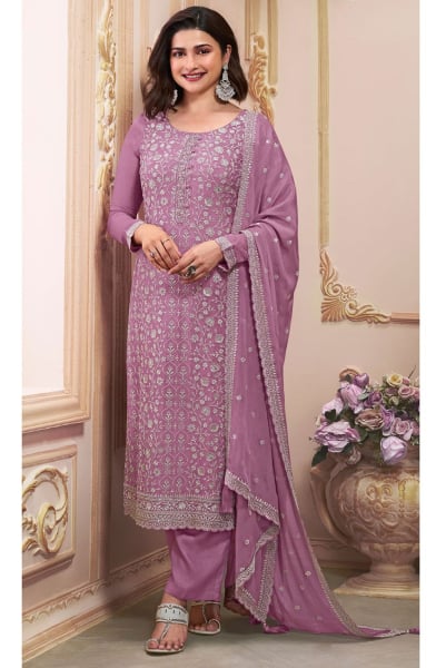 Prachi Desai Onion Pink Embroidered Chinnon Pant Kameez