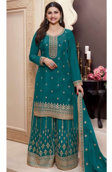 Prachi Desai Rama Green Embroidered Chinnon Palazzo Kameez