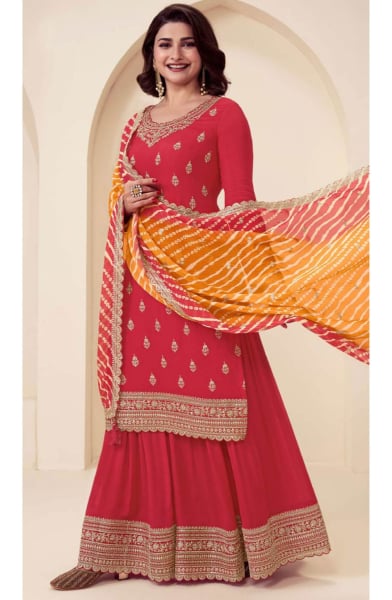 Prachi Desai Red Embroidered Chinnon Palazzo Kameez for Festival