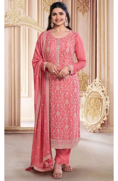 Prachi Desai Salmon Pink Embroidered Chinnon Pant Kameez