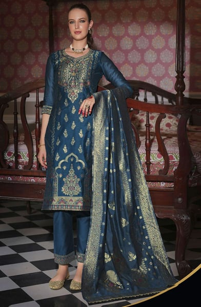 Prussian Blue Banarasi Silk Pant Kameez with Weaving