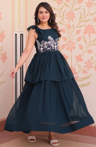 Prussian Blue Beads Embroidered Faux Georgette Gown