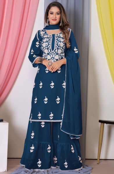 Prussian Blue Bemberg Georgette Readymade Sarara Kameez