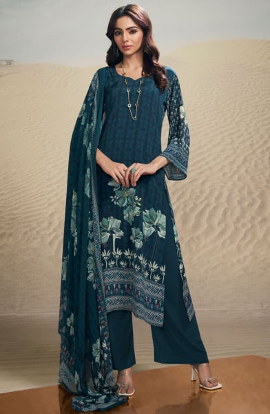 Prussian Blue Digital Print Crepe Palazzo Kameez